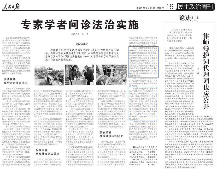 《人民日報》文章《專家學者問診法治實施》引用岳成律師觀點